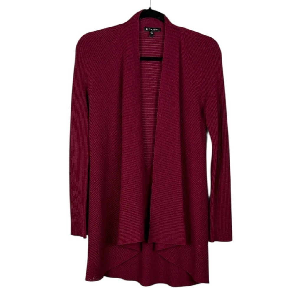 Eileen Fisher Classic Wool Long Sleeve Open Front Ribbed Knit Cardigan Medium